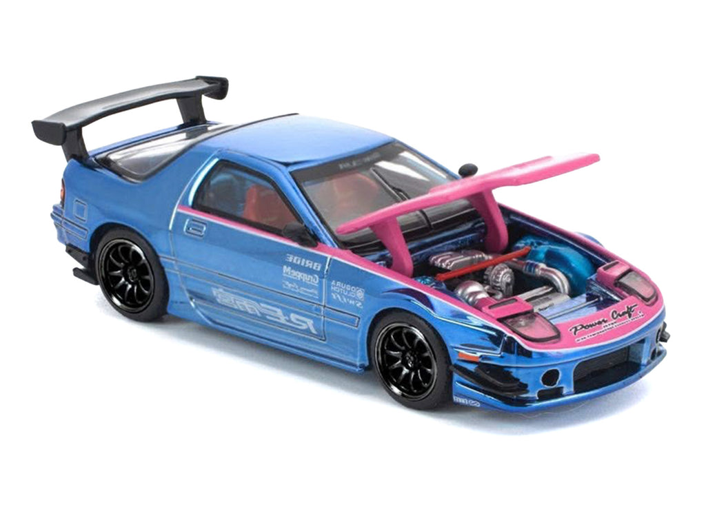 Mazda RX7 (FC3S) RE Amemiya RHD (Right Hand Drive) Blue Chrome with Pink Hood "Street 7 Chrome" 1/64 Diecast Model Car by Pop Race