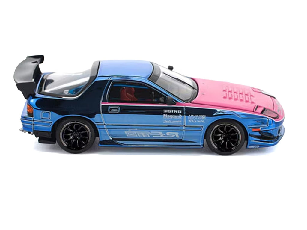 Mazda RX7 (FC3S) RE Amemiya RHD (Right Hand Drive) Blue Chrome with Pink Hood "Street 7 Chrome" 1/64 Diecast Model Car by Pop Race