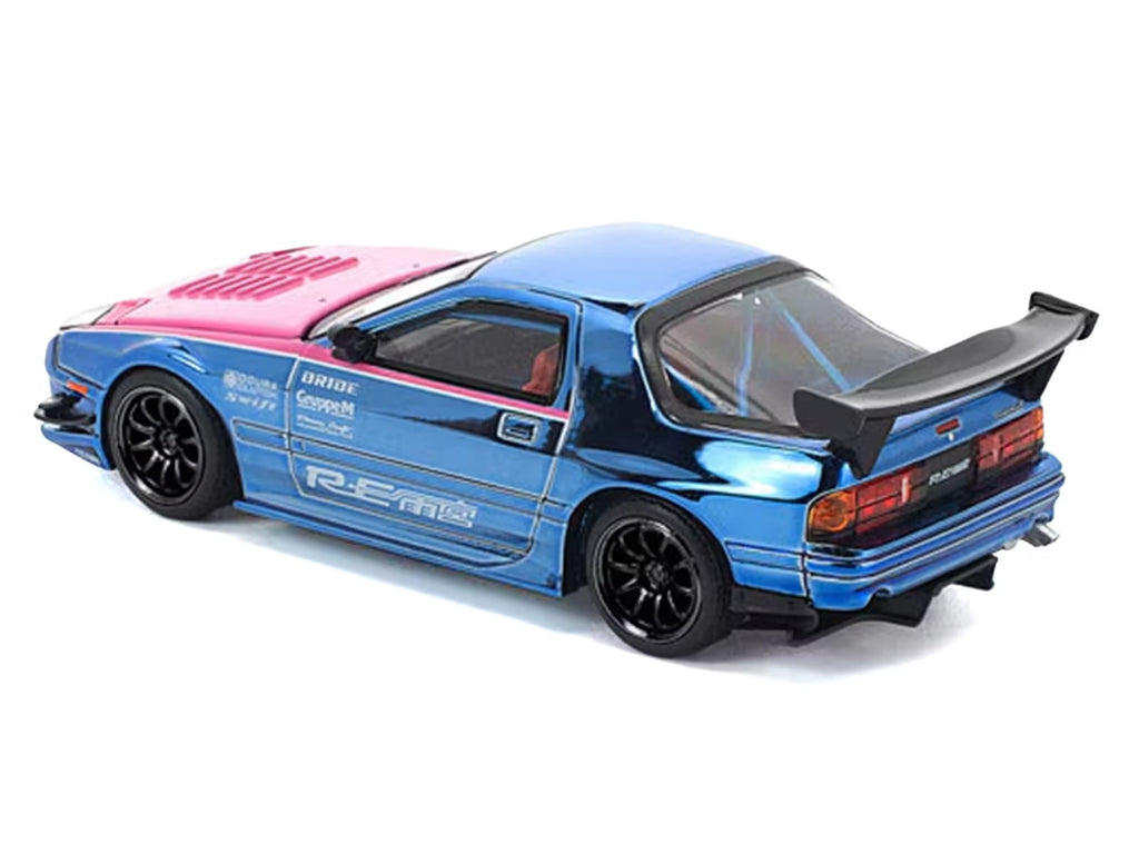 Mazda RX7 (FC3S) RE Amemiya RHD (Right Hand Drive) Blue Chrome with Pink Hood "Street 7 Chrome" 1/64 Diecast Model Car by Pop Race