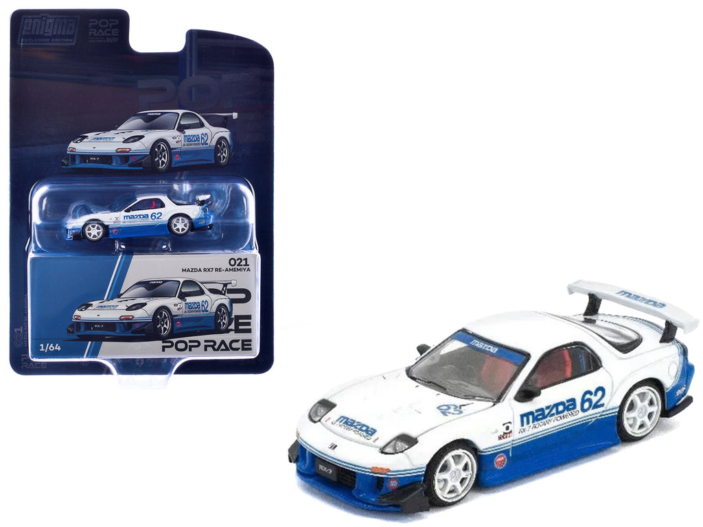 Mazda RX7 RE-Amemiya RHD (Right Hand Drive) #62 White and Blue with Graphics "Enigma Exclusive Edition" 1/64 Diecast Model Car by Pop Race