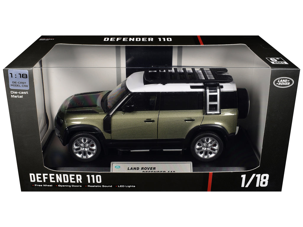 Land Rover Defender 110 Green Metallic with White Top and Roof Rack 1/18 Diecast Model Car by Heimanba