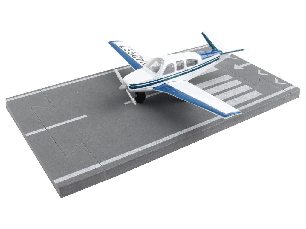 Beechcraft Bonanza Aircraft White with Blue Stripes "N42997" with Runway Section Diecast Model Airplane by Runway24 - image 3