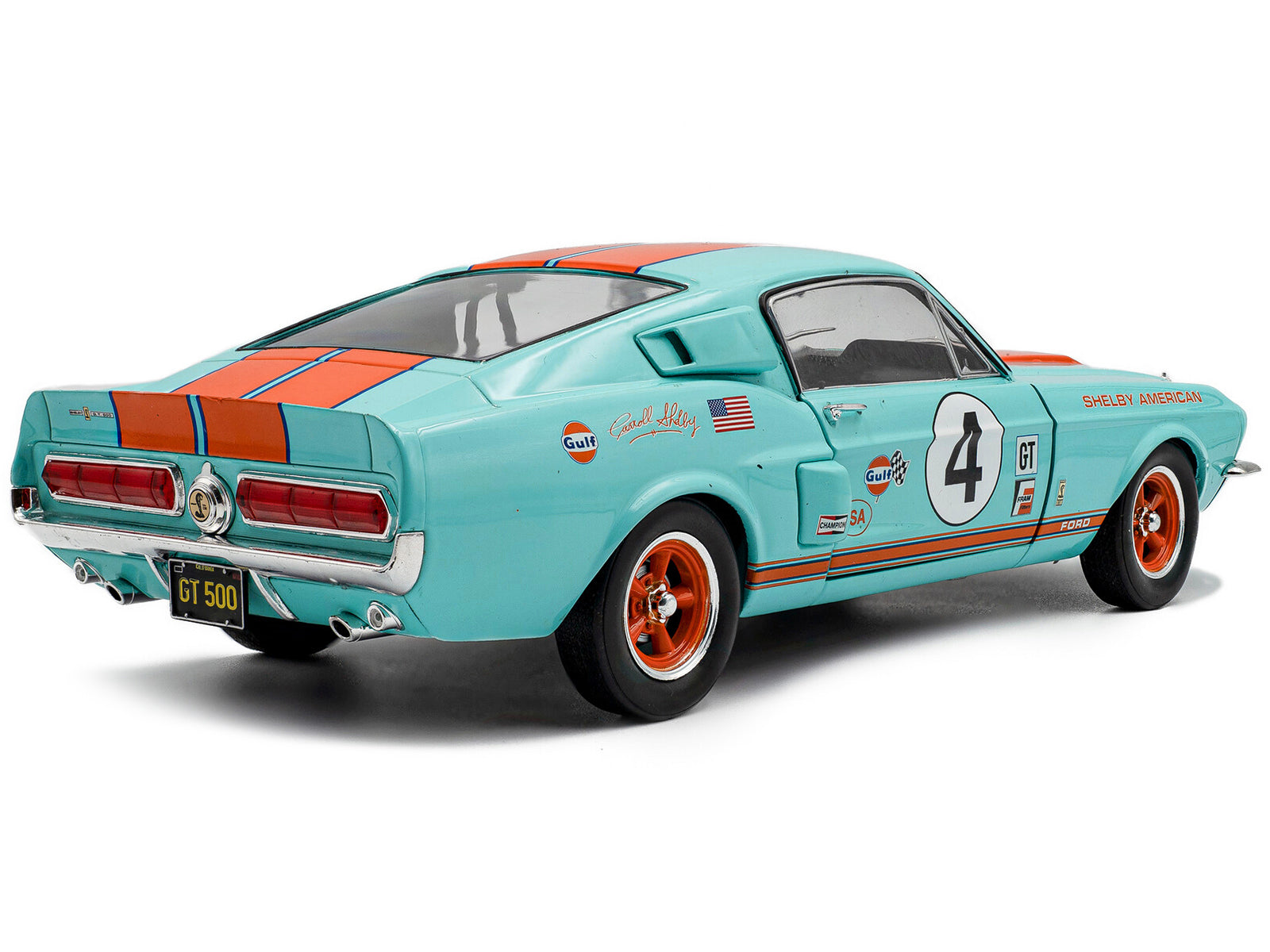 1967 Shelby GT500 #4 "Gulf Racing Tribute" Light Blue with Orange Stripes 1/18 Diecast Model Car by Solido - image 4