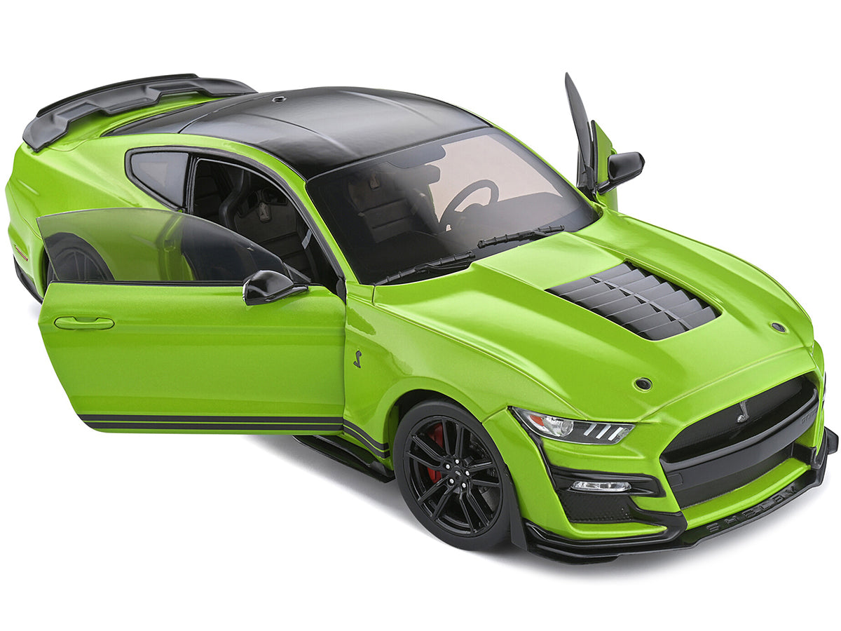 2020 Ford Mustang Shelby GT500 Grabber Lime Green Metallic with Black Top and Stripes 1/18 Diecast Model Car by Solido - image 2