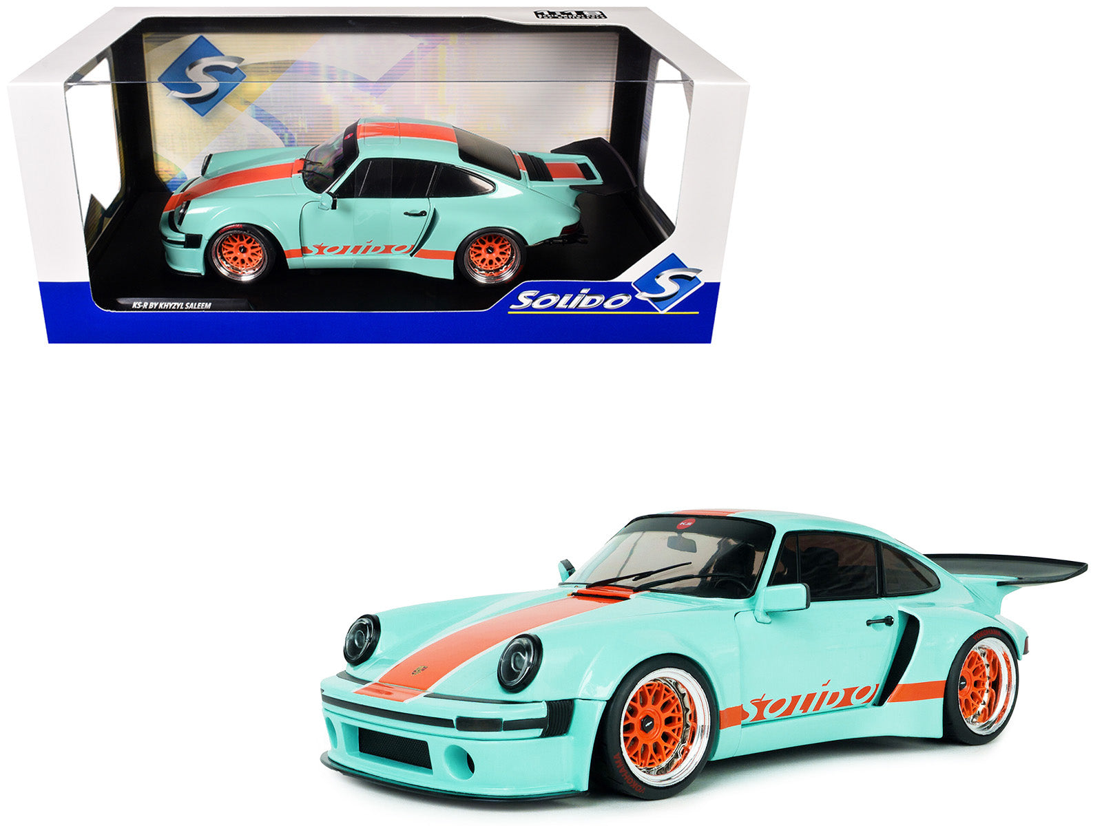 2025 Porsche 911 KS-R by Khyzyl Saleem "Blue Racer" Light Blue with Orange Stripes 1/18 Diecast Model Car by Solido