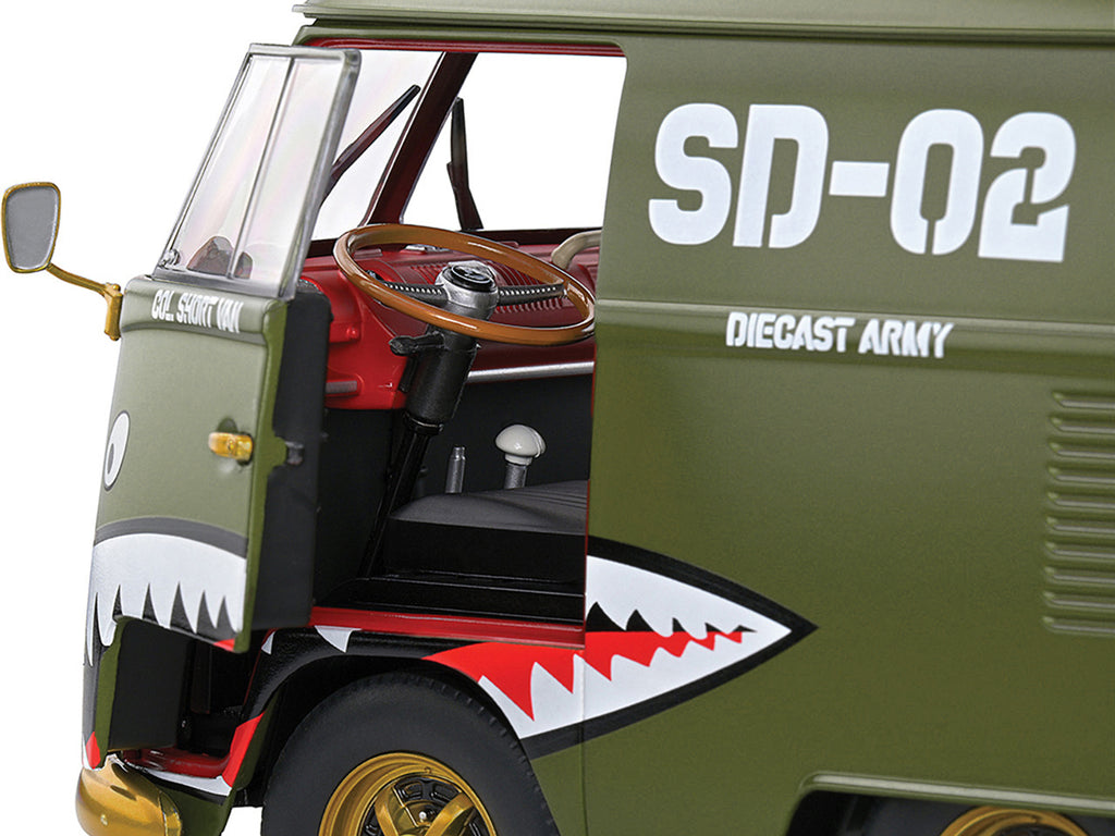 1950 Volkswagen Kool Kombi Van with Trailer "Army Fighter" Green with Graphics 1/18 Diecast Model Car by Solido - image 2