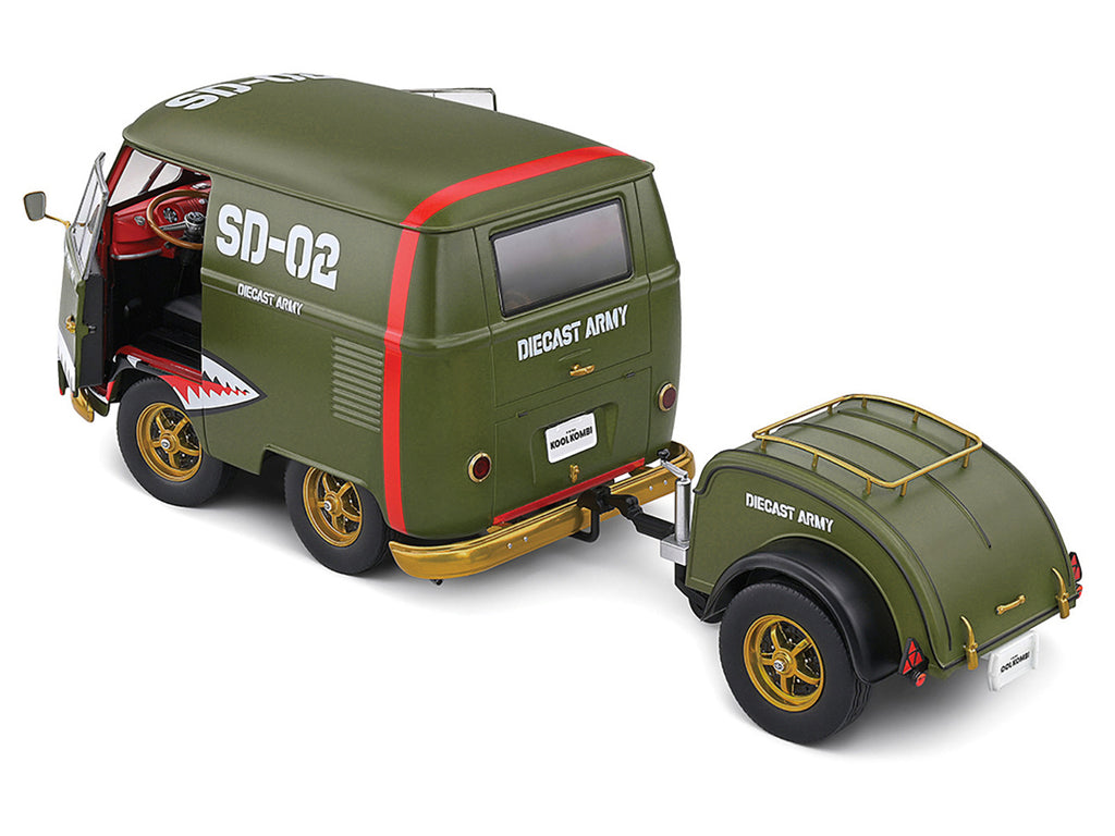 1950 Volkswagen Kool Kombi Van with Trailer "Army Fighter" Green with Graphics 1/18 Diecast Model Car by Solido - image 4