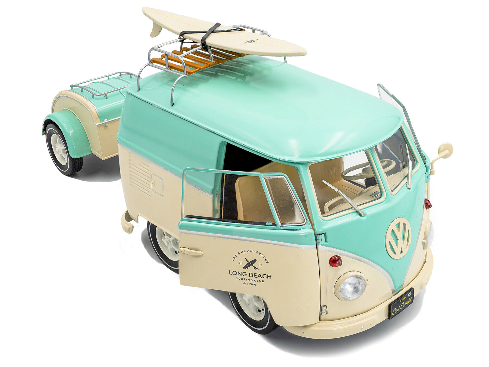 2024 Volkswagen Cool Combi Van with Trailer "Long Beach Surfing Club" Mint Green and Cream with Roof Rack and Surfboard 1/18 Diecast Model Car by Solido - image 2