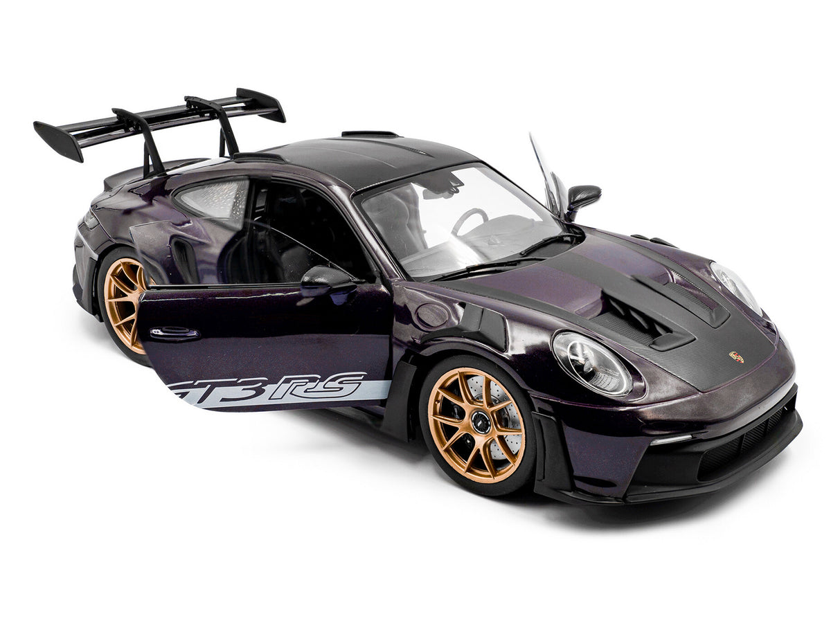 2024 Porsche 911 GT3 RS Weissach Package Viola Purple Metallic with Carbon Hood Stripes and Top 1/18 Diecast Model Car by Solido - image 2