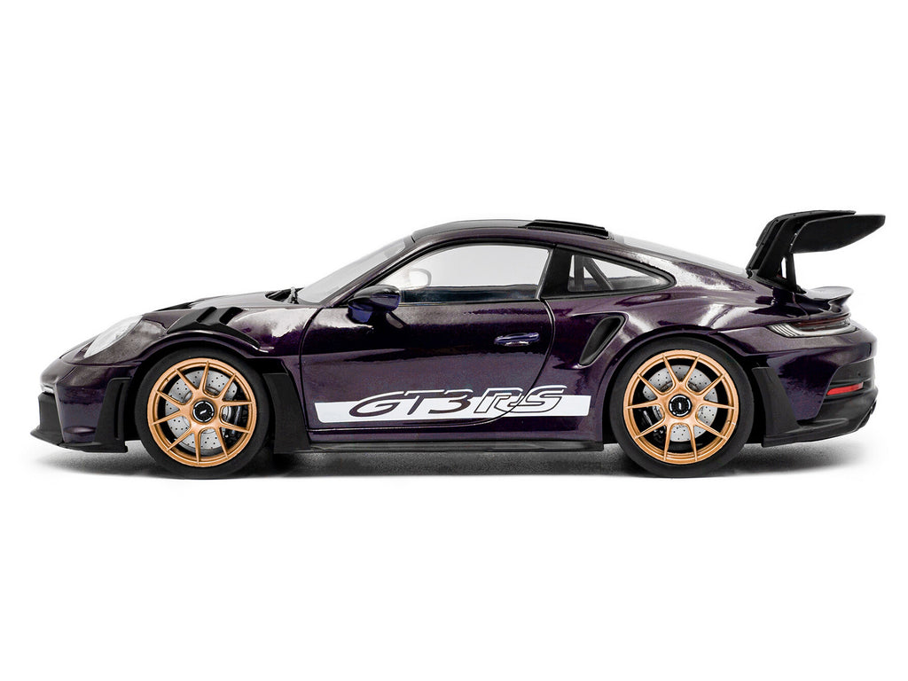 2024 Porsche 911 GT3 RS Weissach Package Viola Purple Metallic with Carbon Hood Stripes and Top 1/18 Diecast Model Car by Solido - image 3