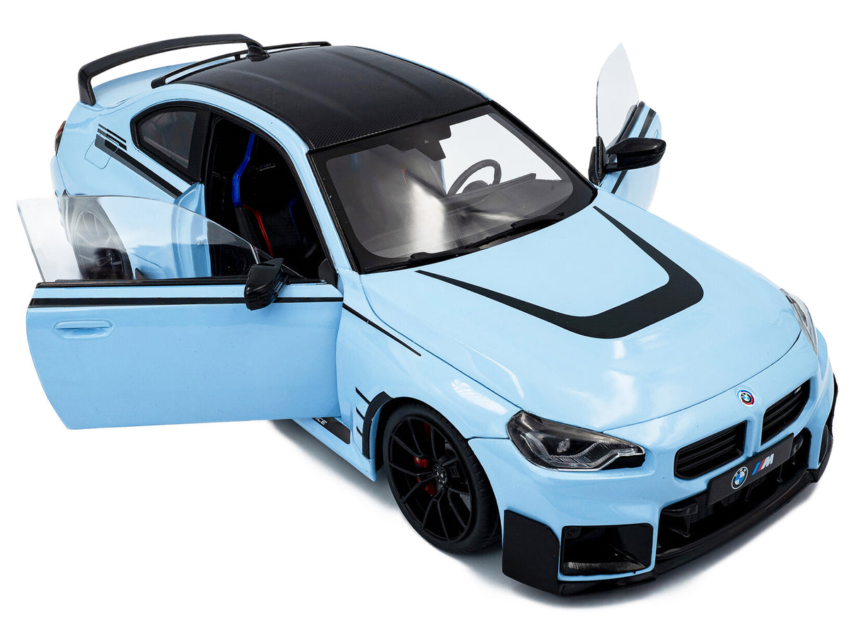2024 BMW M2 Performance Parts Zandvoort Blue with Carbon Top and Black Stripes 1/18 Diecast Model Car by Solido - image 2