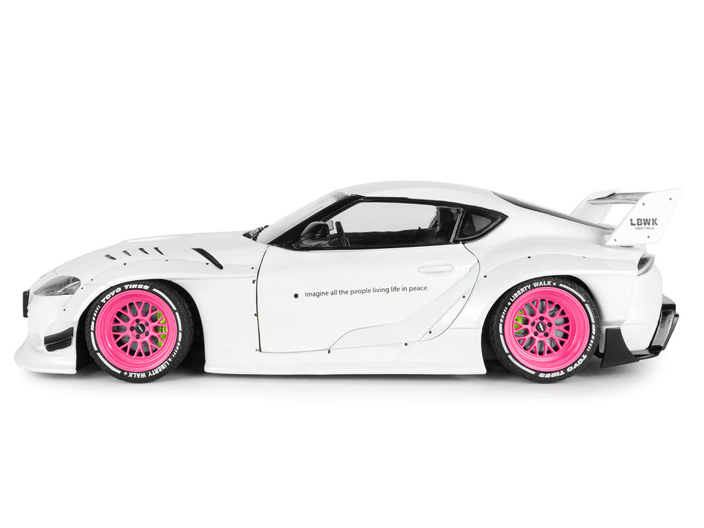 2025 Toyota GR Supra "Liberty Walk" Body Kit White Metallic with Pink Wheels 1/18 Diecast Model Car by Solido