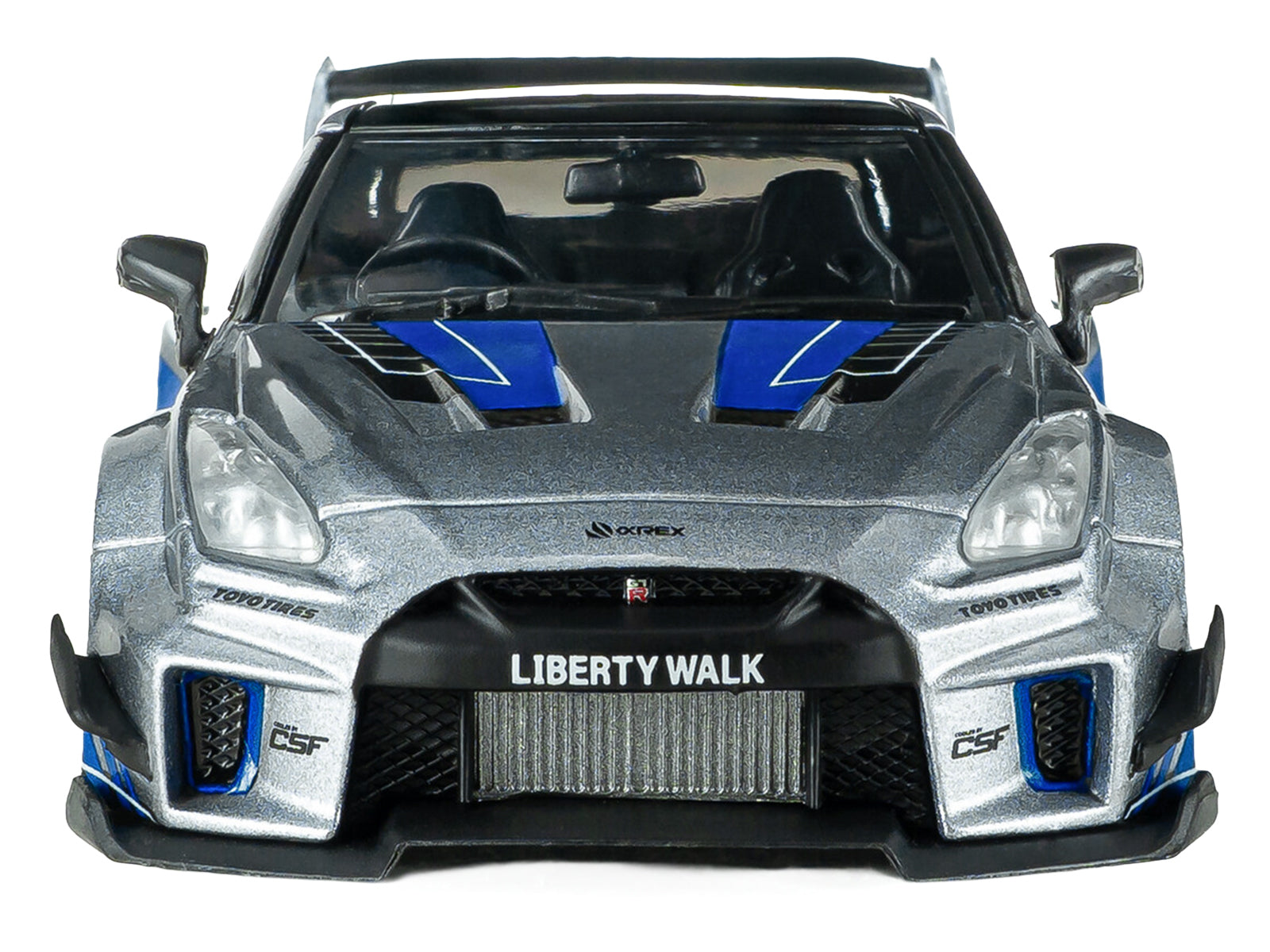 2020 Nissan GT-R (R35) Liberty Walk Silhouette RHD (Right Hand Drive) Silver Metallic with Black Top and Blue Graphics 1/43 Diecast Model Car by Solido - image 4