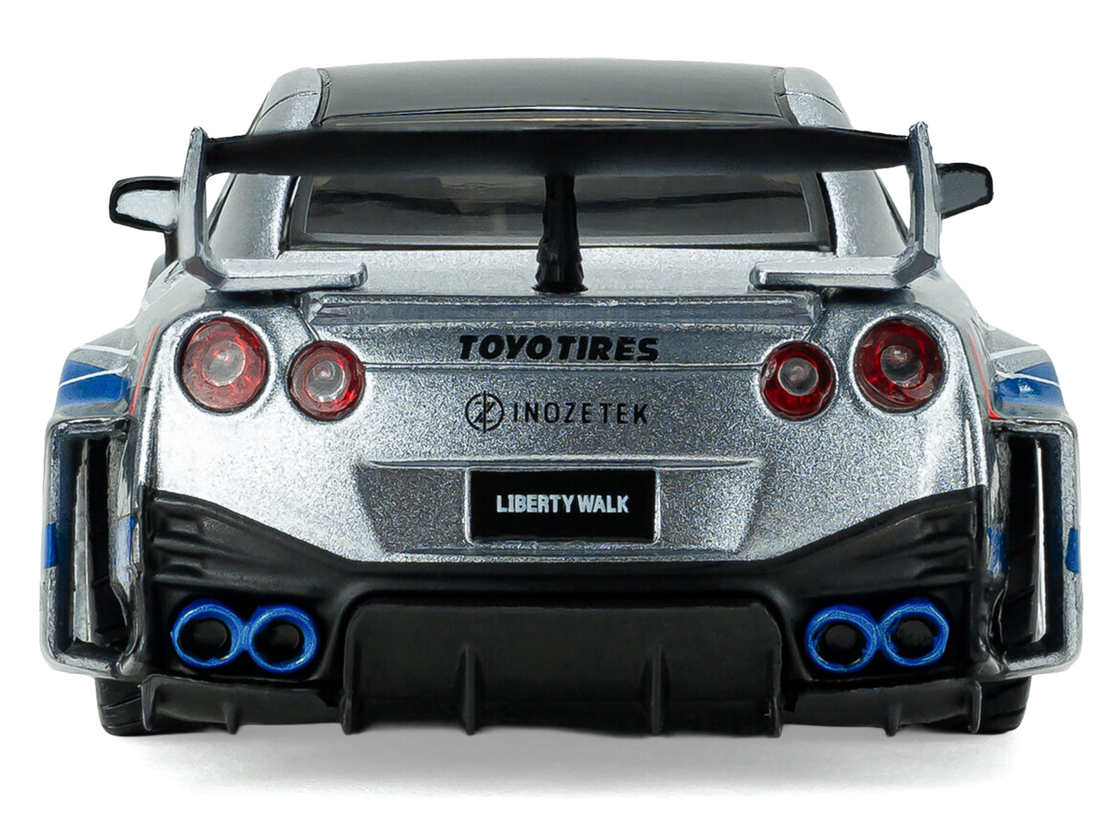 2020 Nissan GT-R (R35) Liberty Walk Silhouette RHD (Right Hand Drive) Silver Metallic with Black Top and Blue Graphics 1/43 Diecast Model Car by Solido - image 5