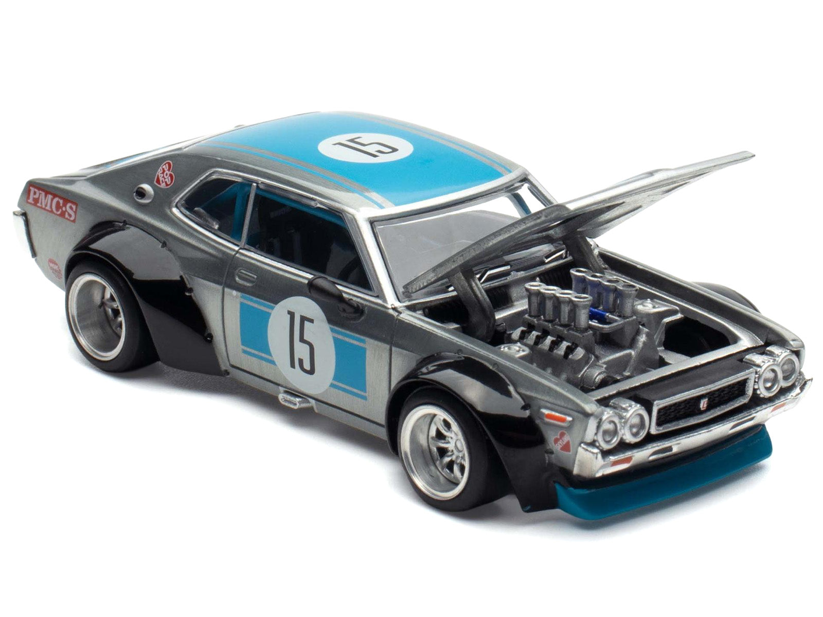 Datsun Laurel C130 RHD (Right Hand Drive) #15 Raw Metal with Blue Stripes "APA XPO 2025 Exclusive" 1/64 Diecast Model Car by Pop Race - image 2