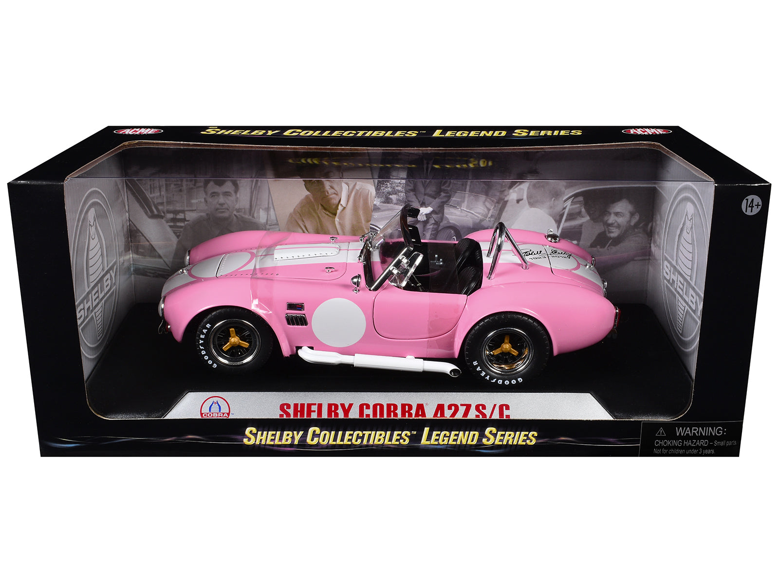 1965 Shelby Cobra 427 S/C Pink with White Stripes with Printed Carroll Shelby Signature's on the Trunk 1/18 Diecast Model Car by Shelby Collectibles - image 3