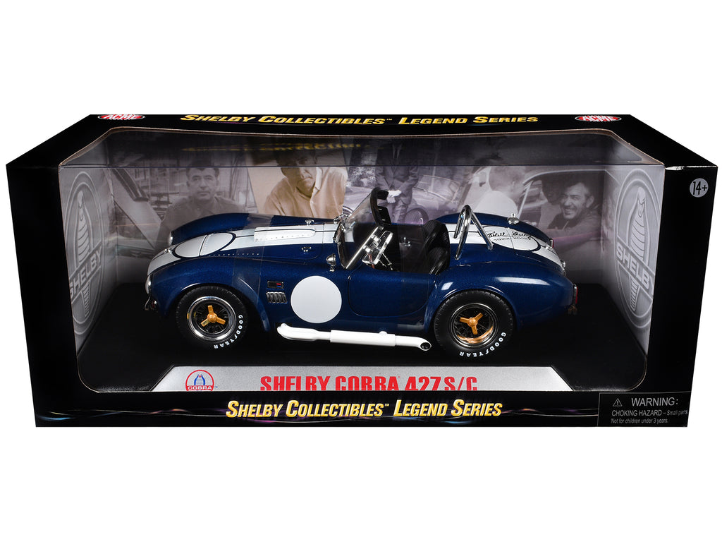 1965 Shelby Cobra 427 S/C Dark Blue Metallic with White Stripes with Printed Carroll Shelby's Signature on the Trunk 1/18 Diecast Model Car by Shelby Collectibles - image 3