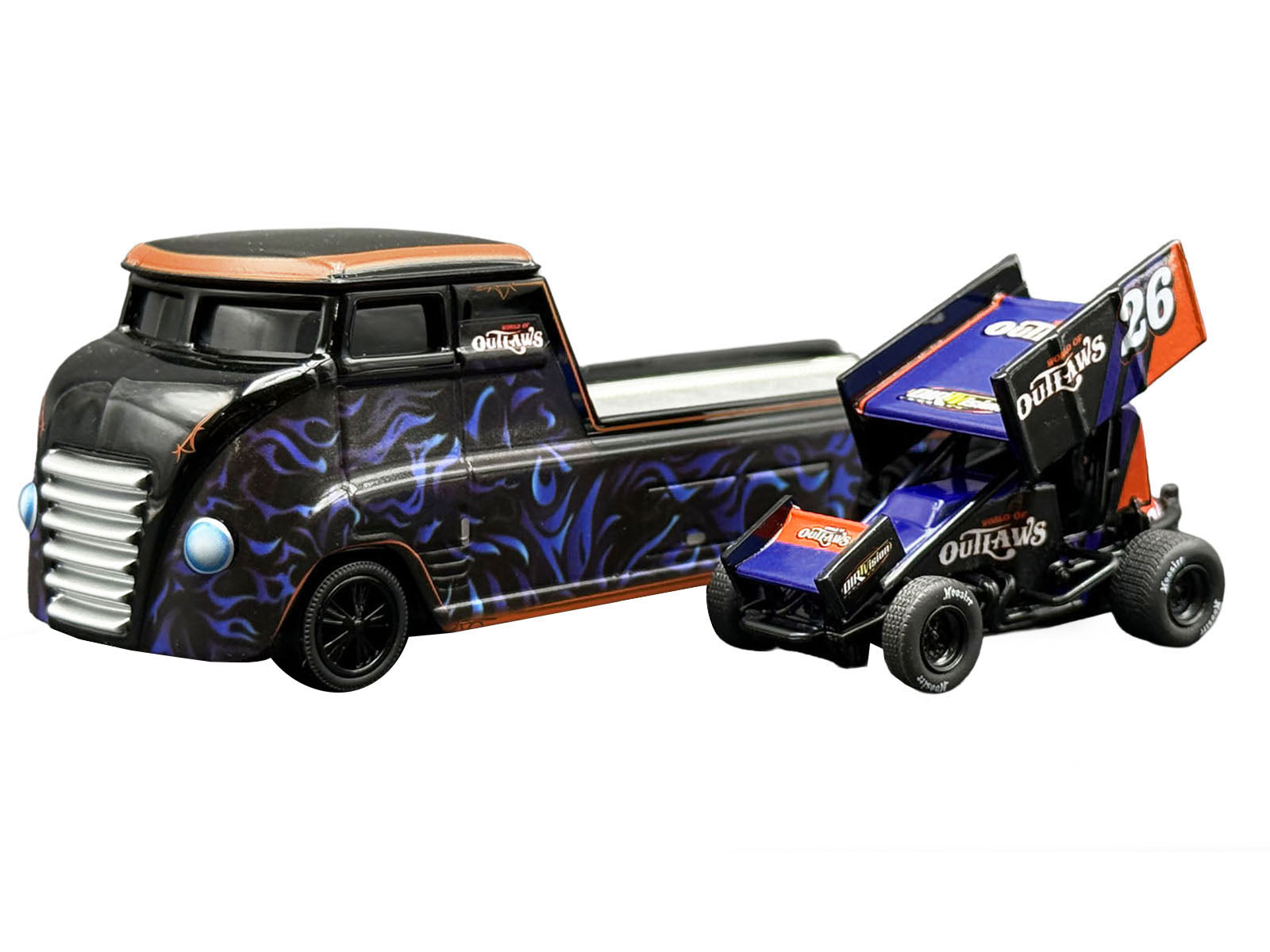 "World Of Outlaws 2026" Winged Sprint Car #26 Black with Stripes and Custom Hauler Black with Graphics 1/64 Diecast Model Cars by ACME - image 2