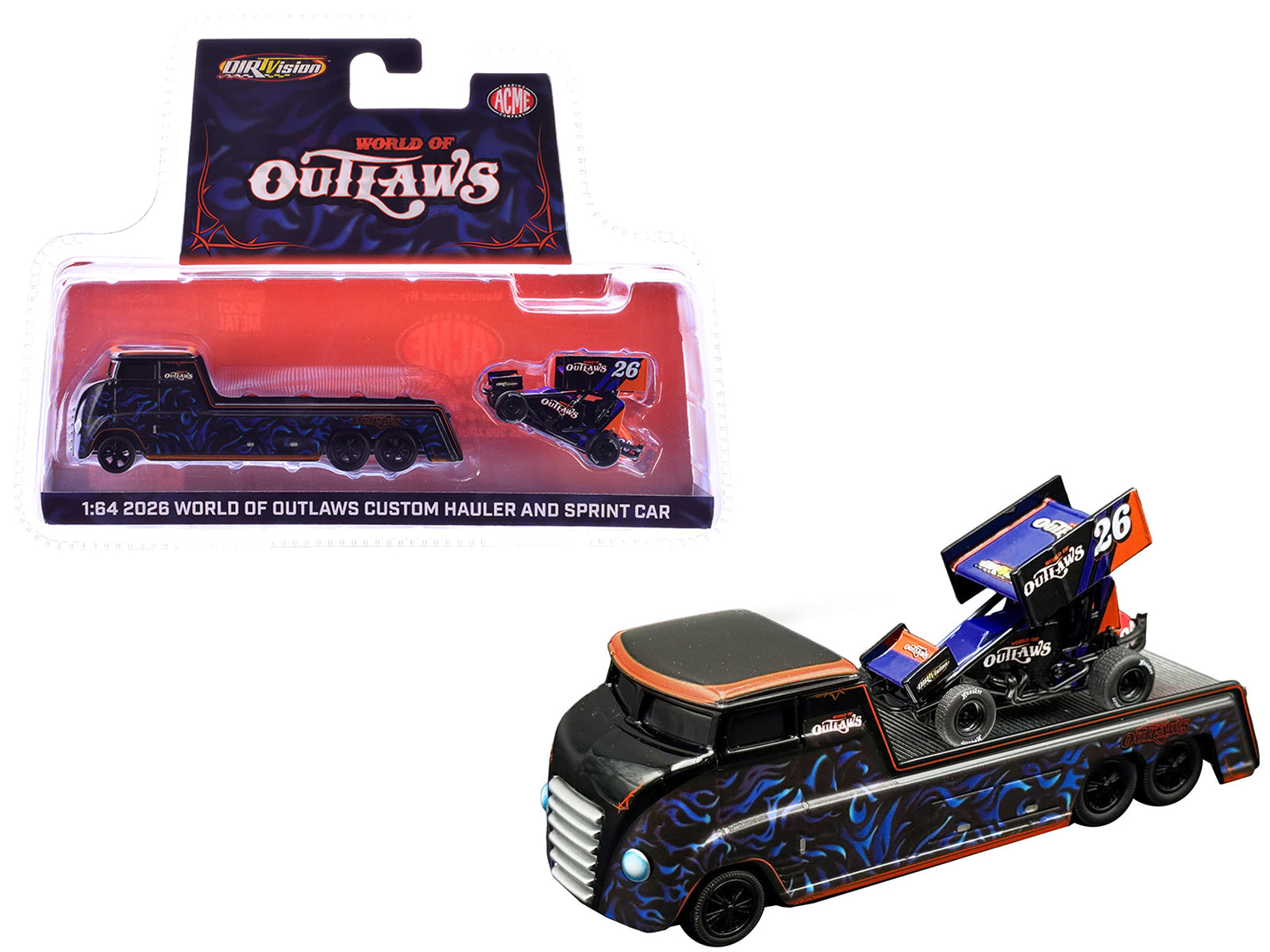 "World Of Outlaws 2026" Winged Sprint Car #26 Black with Stripes and Custom Hauler Black with Graphics 1/64 Diecast Model Cars by ACME