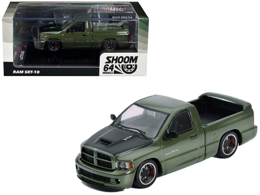 2003 Dodge Ram SRT-10 Pickup Truck Green Metallic with Matt Black Hood 1/64 Diecast Model Car by Shoom64 Models