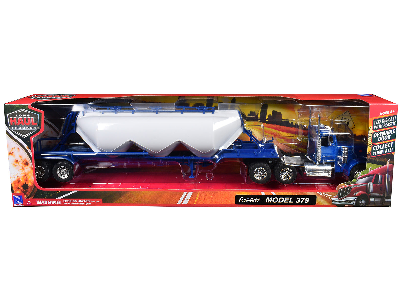 Peterbilt 379 Truck Blue with Pneumatic Tanker Trailer White "Long Haul Truckers" Series 1/32 Diecast Model by New Ray - image 3