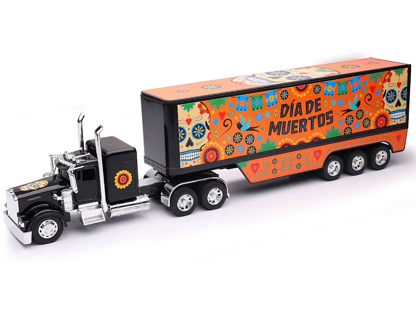 Kenworth W900 Truck Black with Graphics and Dry Van Trailer "Dia De Muertos" 1/32 Diecast Model by New Ray - image 2