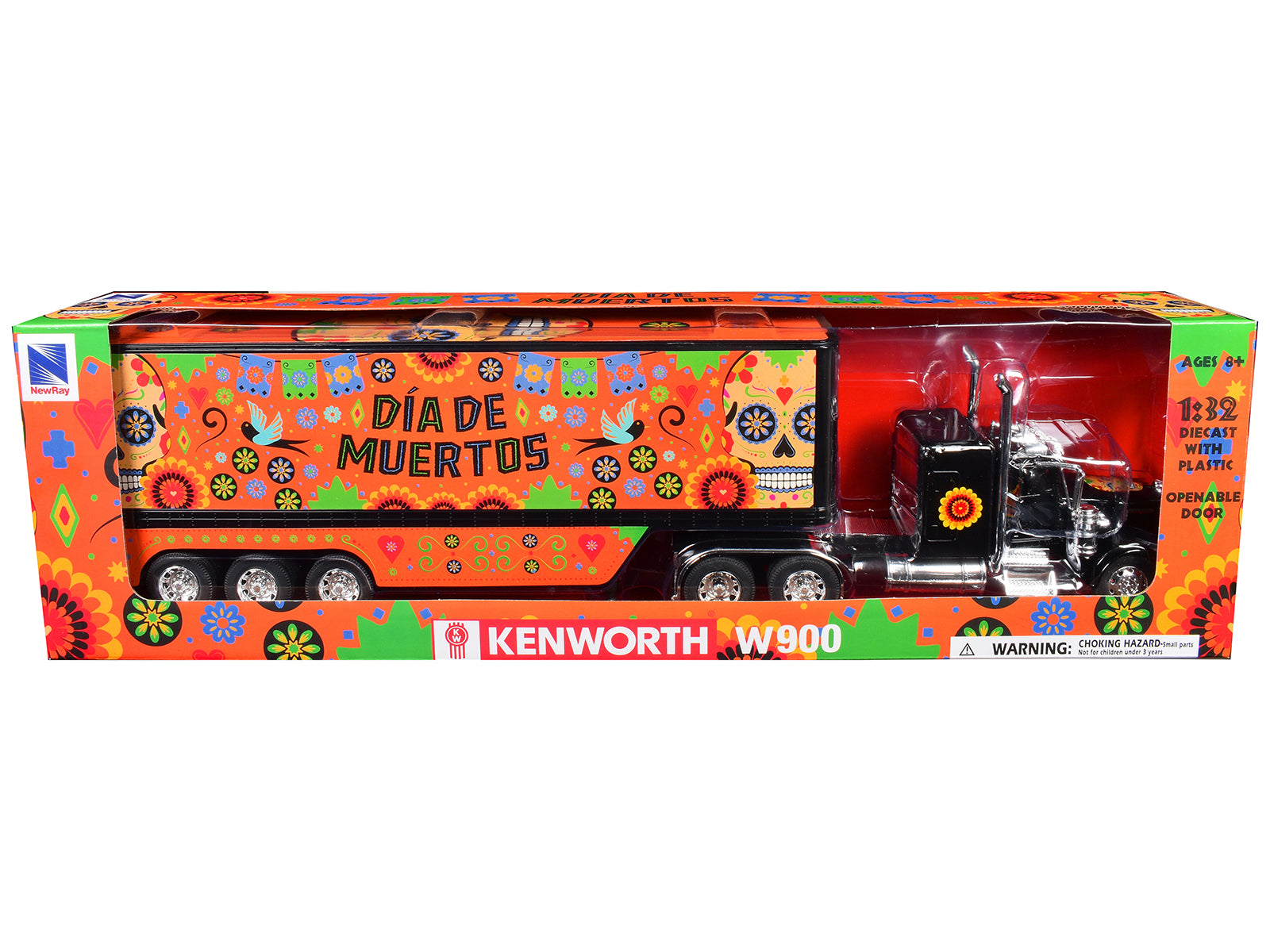 Kenworth W900 Truck Black with Graphics and Dry Van Trailer "Dia De Muertos" 1/32 Diecast Model by New Ray - image 3