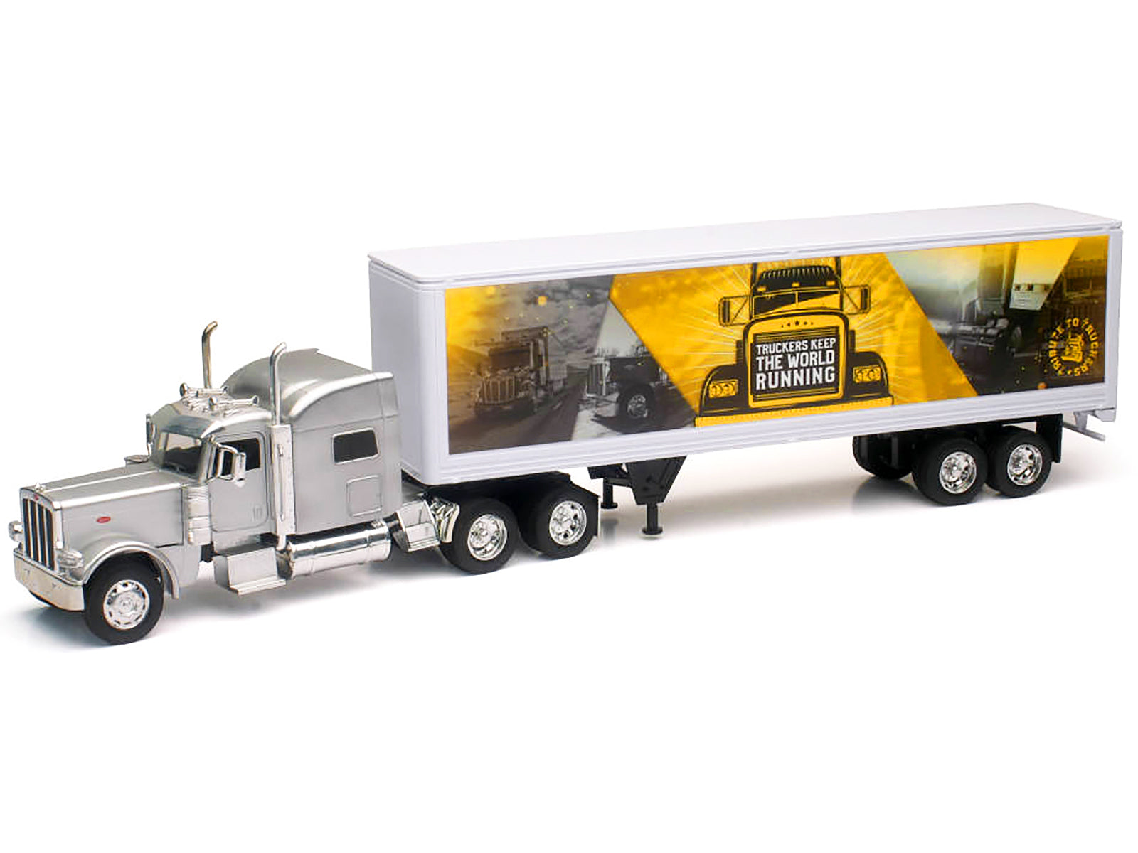 Peterbilt 389 Truck Silver Metallic with Dry Van Trailer "Trucker Keep The World Running" "Long Haul Truckers" Series 1/32 Diecast Model by New Ray - image 2