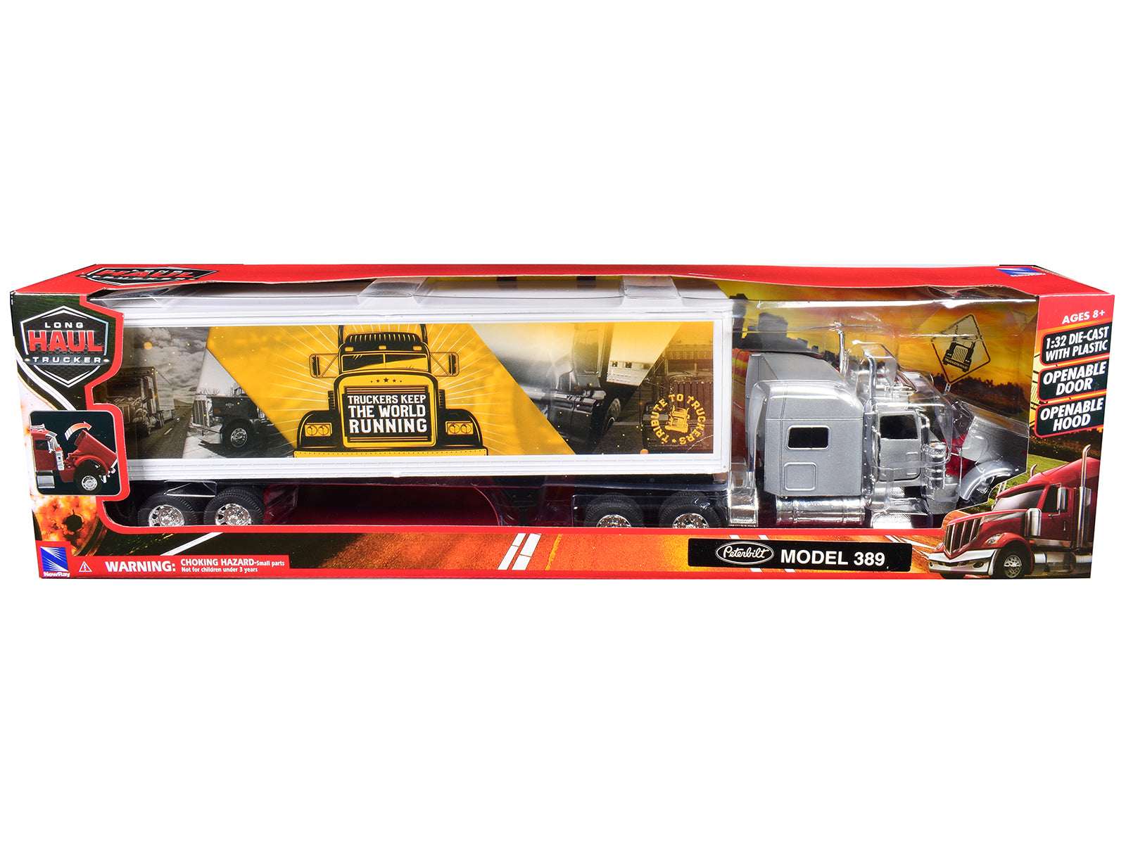 Peterbilt 389 Truck Silver Metallic with Dry Van Trailer "Trucker Keep The World Running" "Long Haul Truckers" Series 1/32 Diecast Model by New Ray - image 3