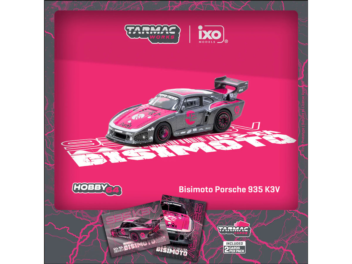 Porsche 935 K3V Bisimoto Gray Metallic with Pink Hood and Top with Tarmac Cards "Hobby64" Series 1/64 Diecast Model by Tarmac Works - image 3