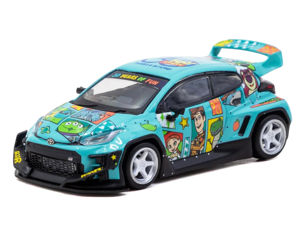 Toyota Pandem GR Yaris RHD (Right Hand Drive) "Toy Story 30th Anniversary" Blue with Graphics with Tarmac Cards "Hobby64" Series 1/64 Diecast Model by Tarmac Works
