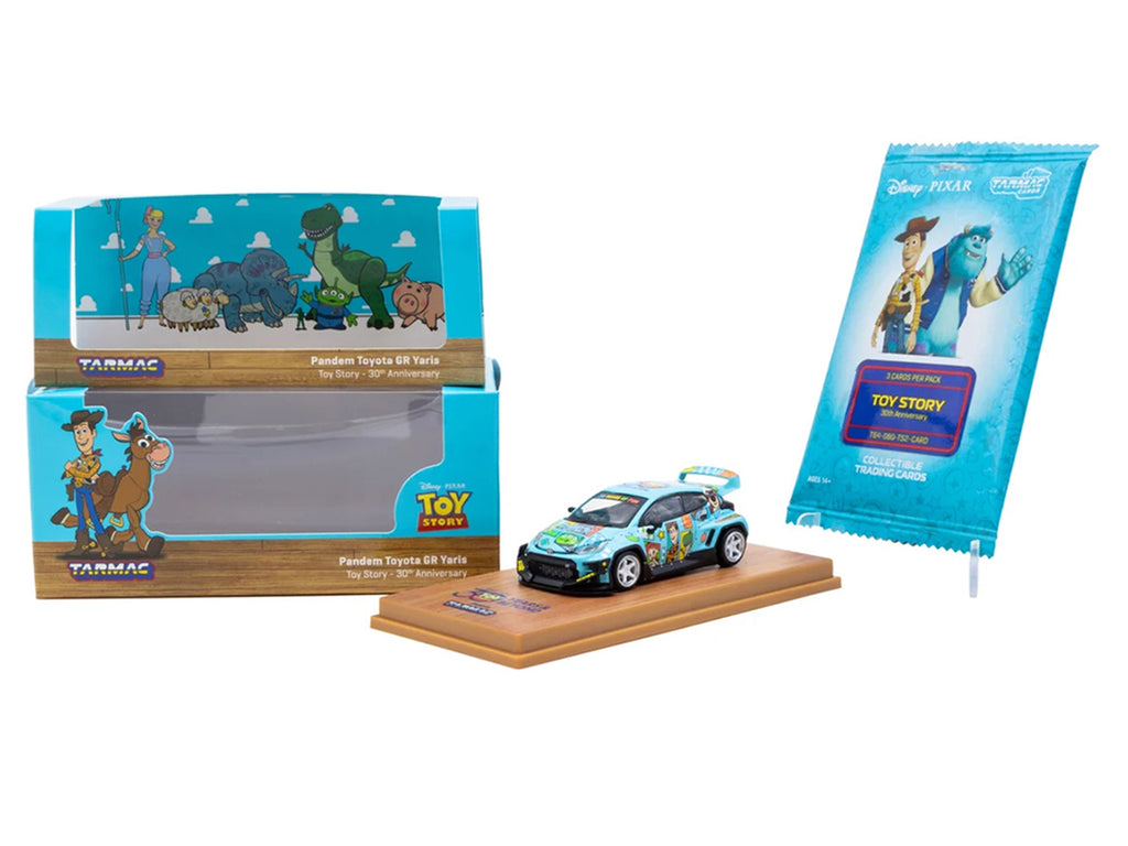 Toyota Pandem GR Yaris RHD (Right Hand Drive) "Toy Story 30th Anniversary" Blue with Graphics with Tarmac Cards "Hobby64" Series 1/64 Diecast Model by Tarmac Works