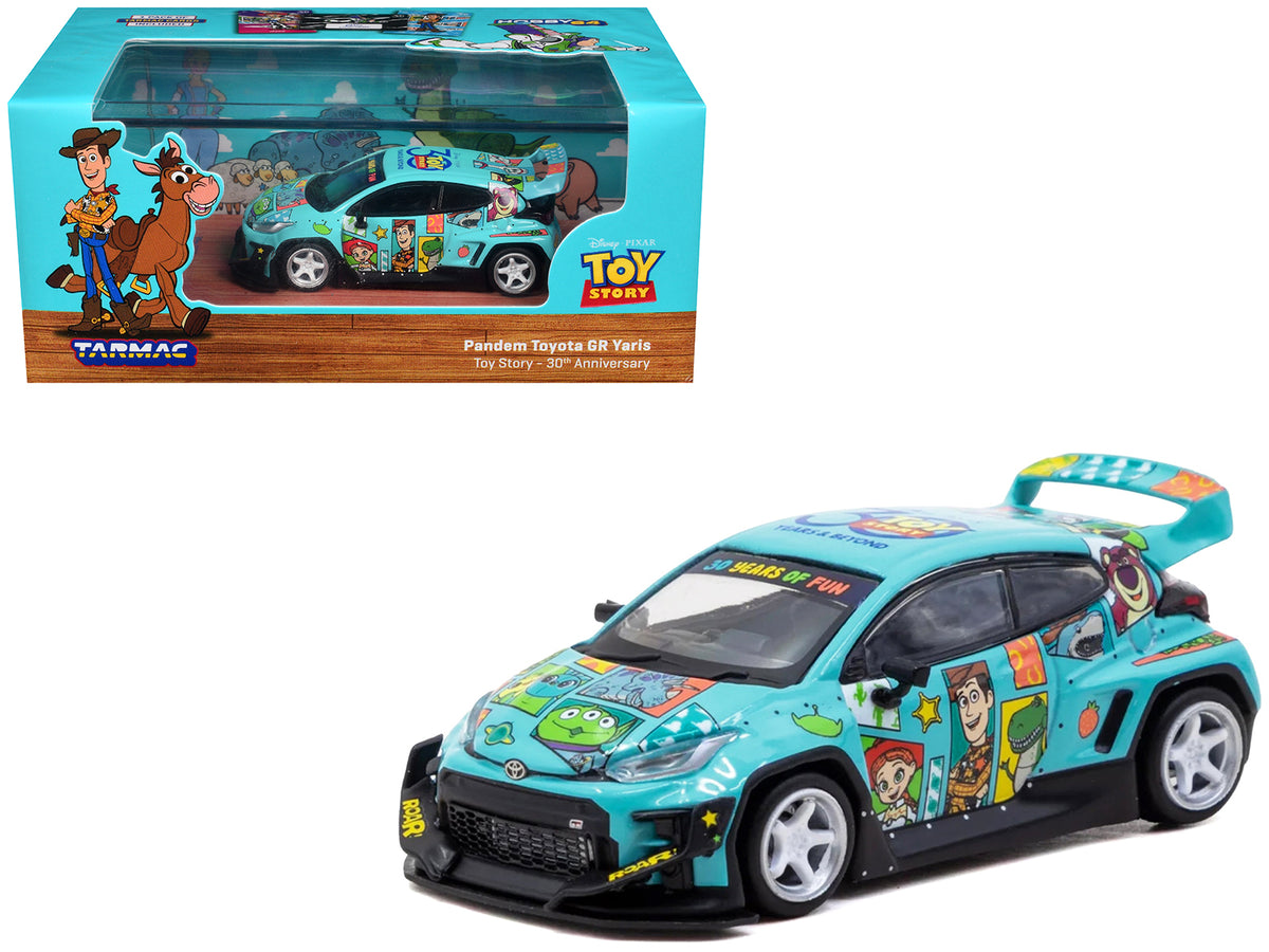 Toyota Pandem GR Yaris RHD (Right Hand Drive) "Toy Story 30th Anniversary" Blue with Graphics with Tarmac Cards "Hobby64" Series 1/64 Diecast Model by Tarmac Works