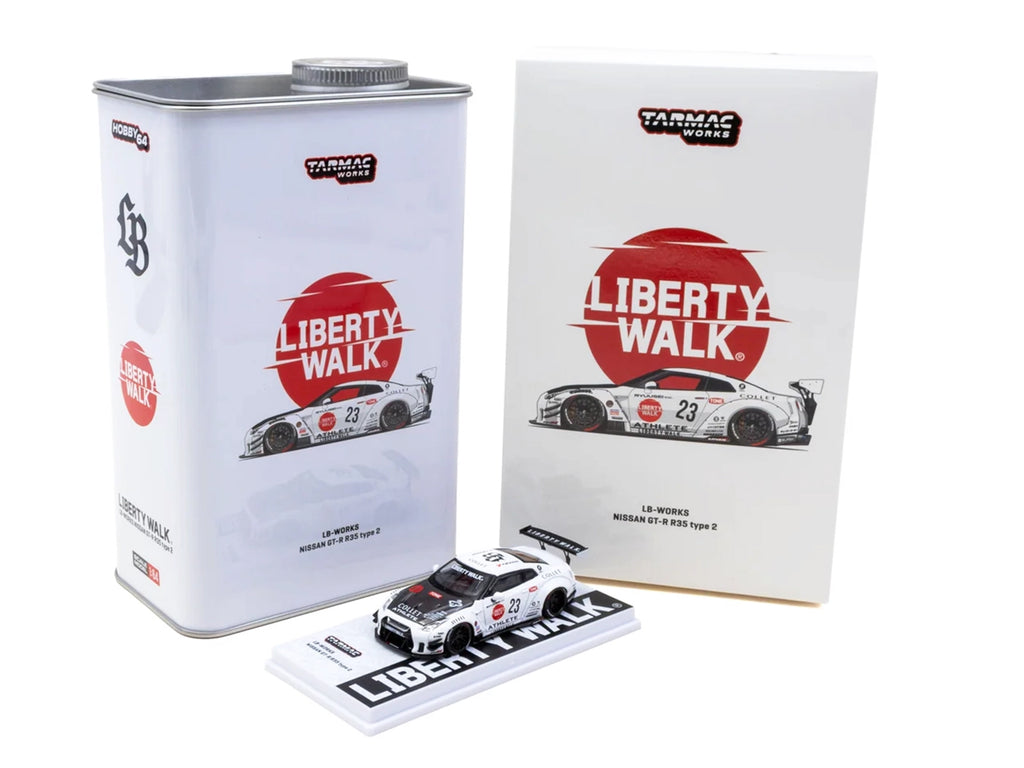 Nissan GT-R R35 LB-Works Type 2 RHD (Right Hand Drive) #23 "Liberty Walk" White with Carbon Hood and Metal Oil Can Packaging "Hobby64" Series 1/64 Diecast Model Car by Tarmac Works - image 4