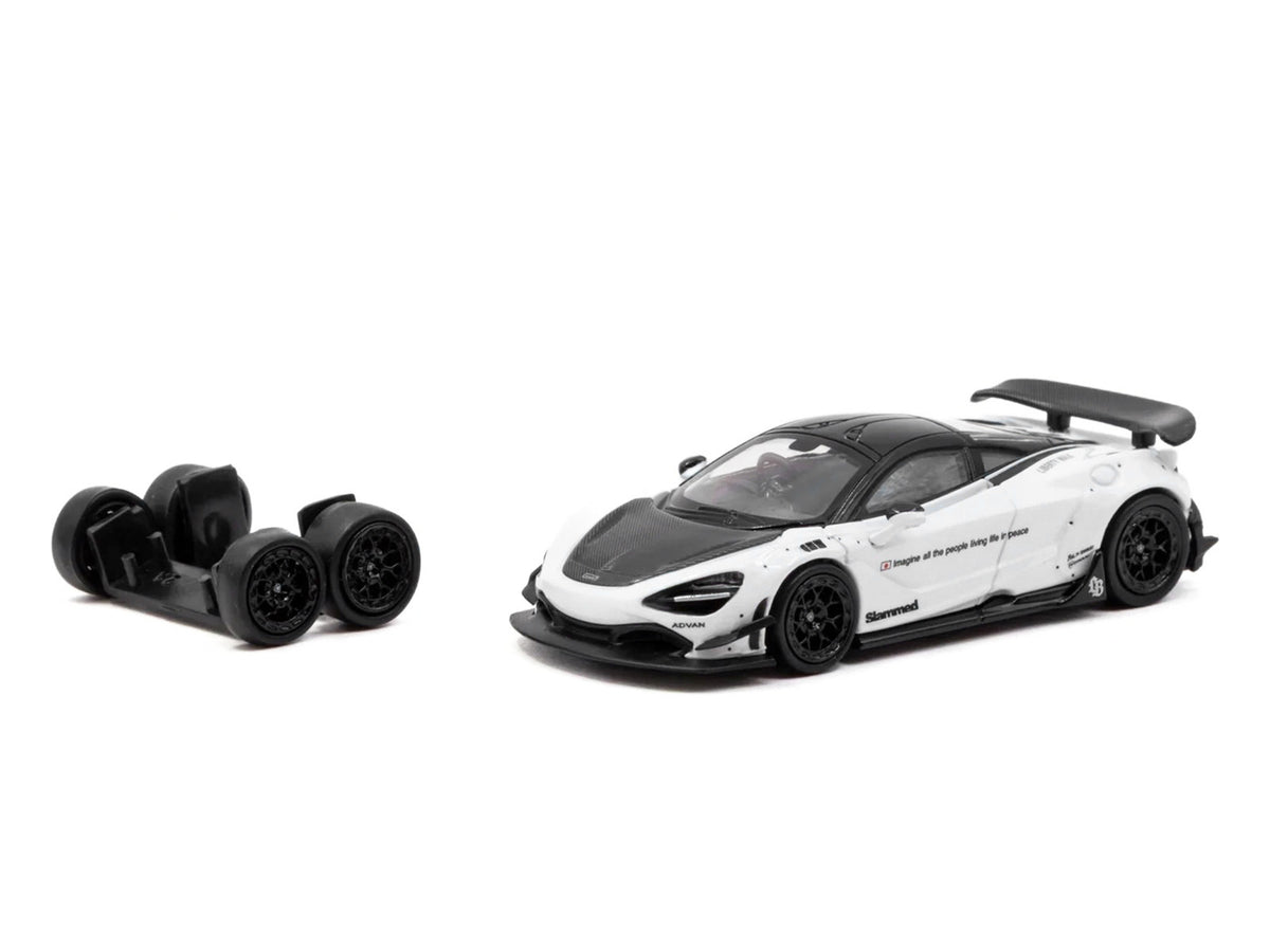LB-Works 720S White with Carbon Hood and Black Top with Extra Wheels "Hobby64" Series 1/64 Diecast Model Car by Tarmac Works - image 2