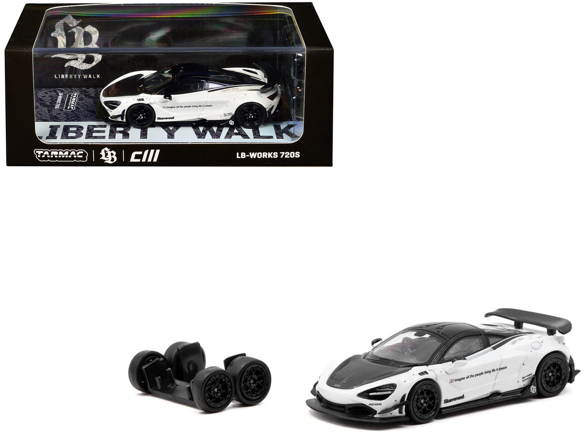 LB-Works 720S White with Carbon Hood and Black Top with Extra Wheels "Hobby64" Series 1/64 Diecast Model Car by Tarmac Works