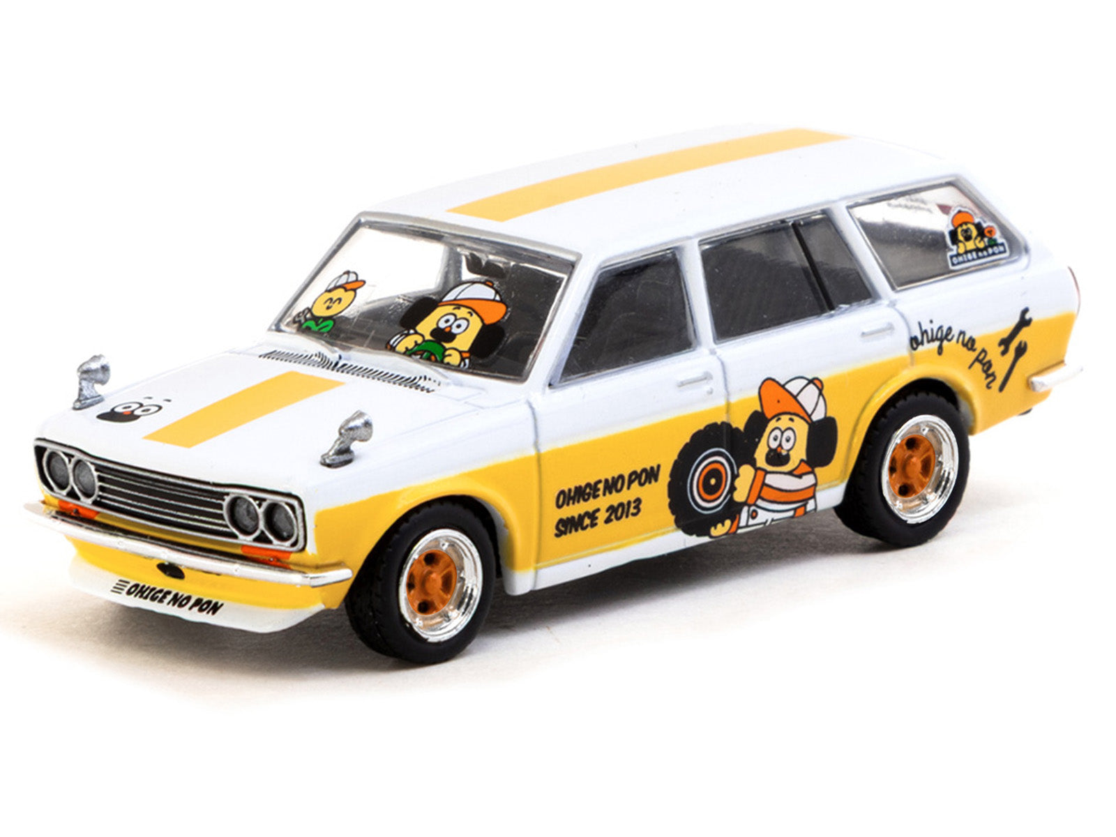 Datsun Bluebird 510 Wagon "Ohige no Pon" White with Orange Stripes and Graphics "Global64" Series 1/64 Diecast Model Car by Tarmac Works - image 2