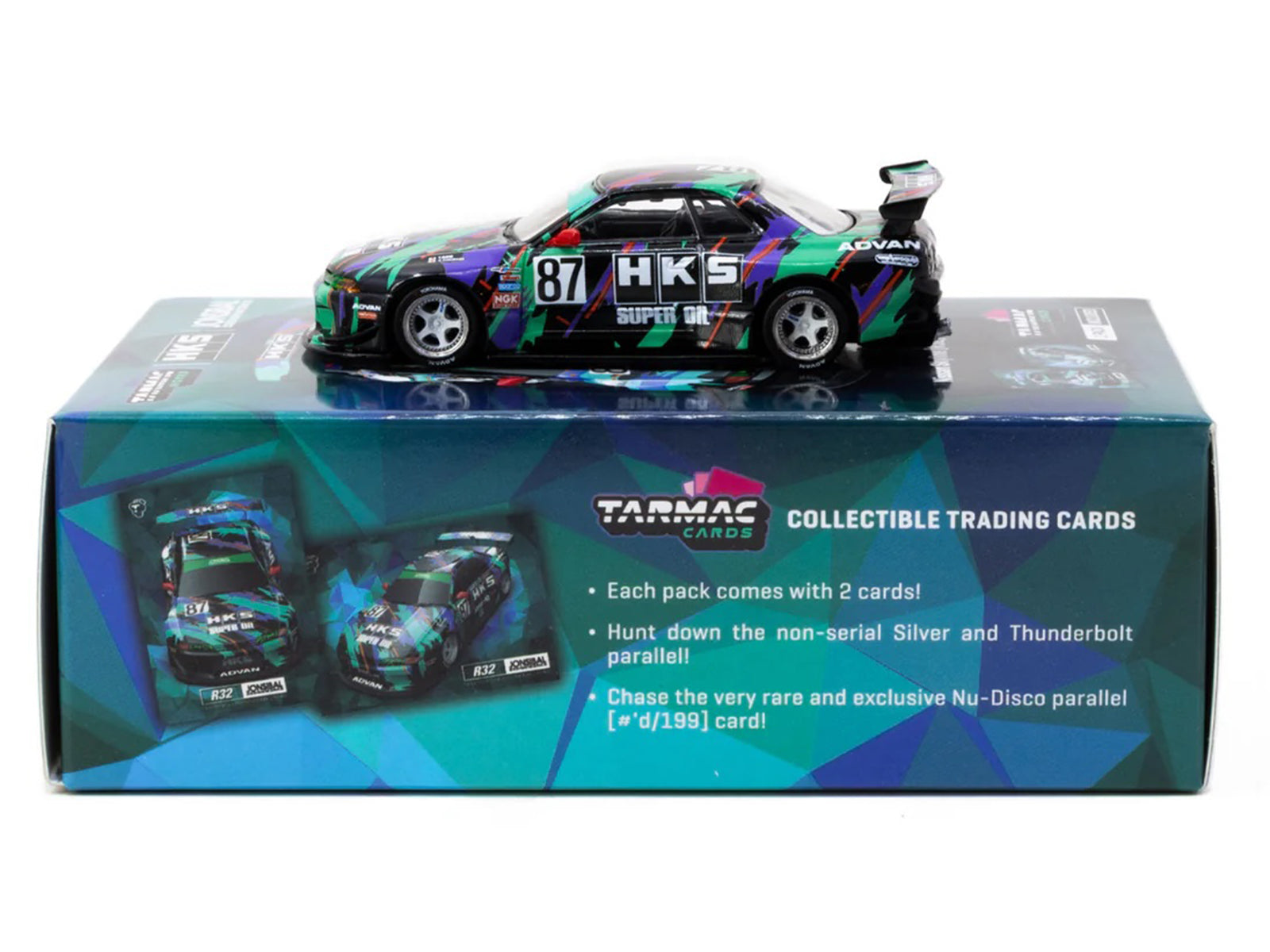 Nissan Skyline (R32) Widebody RHD (Right Hand Drive) #87 "HKS - Designed by Jon Sibal" Black with Graphics with Tarmac Cards "Global64" Series 1/64 Diecast Model Car by Tarmac Works - image 3