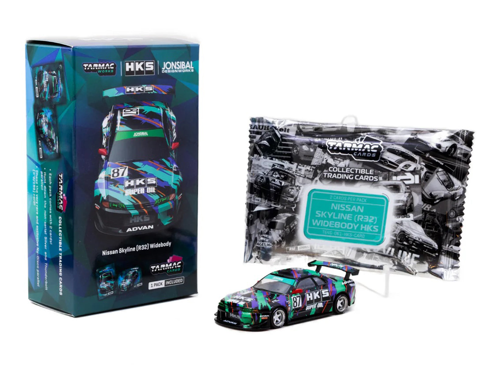 Nissan Skyline (R32) Widebody RHD (Right Hand Drive) #87 "HKS - Designed by Jon Sibal" Black with Graphics with Tarmac Cards "Global64" Series 1/64 Diecast Model Car by Tarmac Works - image 4