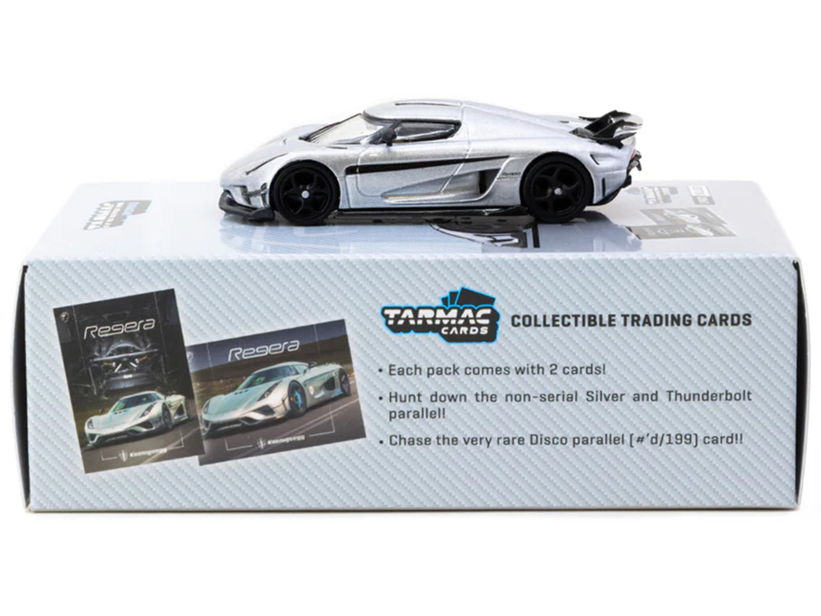 Koenigsegg Regera Silver Metallic with Blue Accents and Collectible Tarmac Cards "Global64" Series 1/64 Diecast Model Car by Tarmac Works - image 3