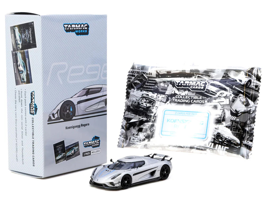 Koenigsegg Regera Silver Metallic with Blue Accents and Collectible Tarmac Cards "Global64" Series 1/64 Diecast Model Car by Tarmac Works - image 5