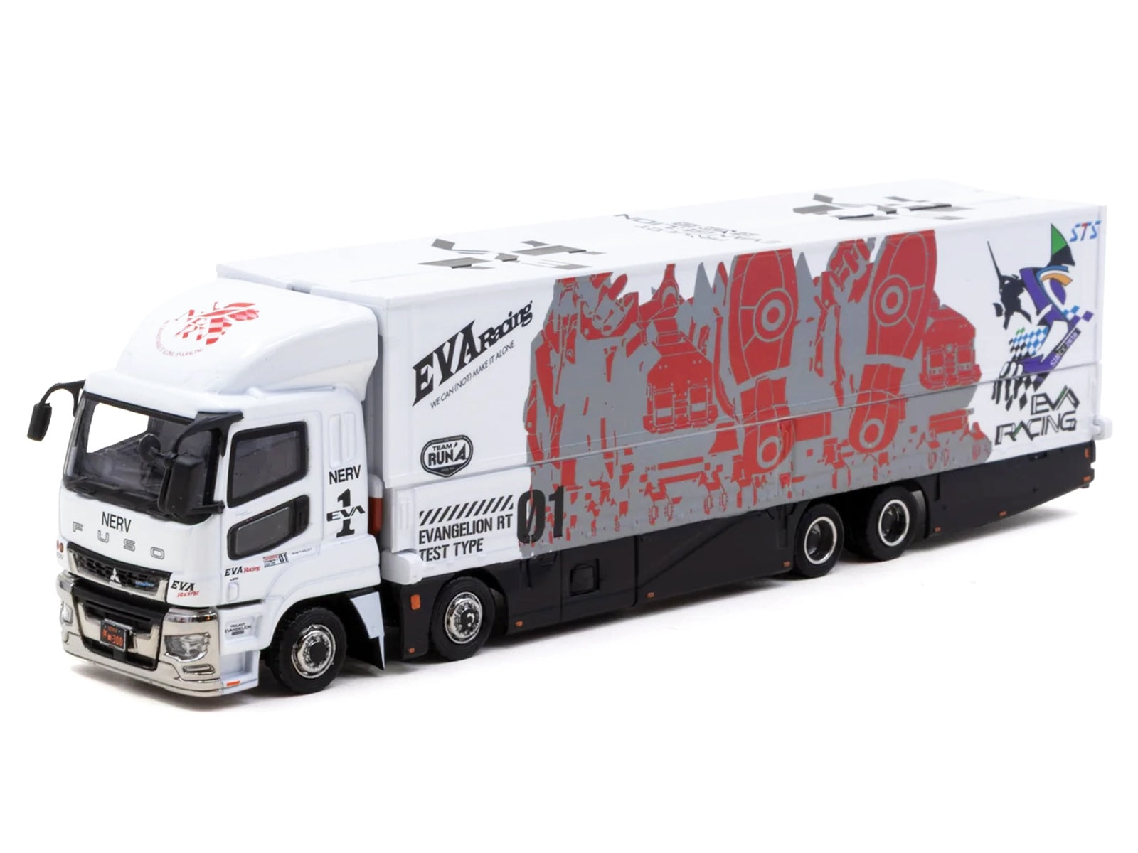 Mitsubishi Fuso Super Great Truck with Transporter "EVA Racing" White with Graphics "Truck64" Series 1/64 Diecast Model Car by Tarmac Works - image 2
