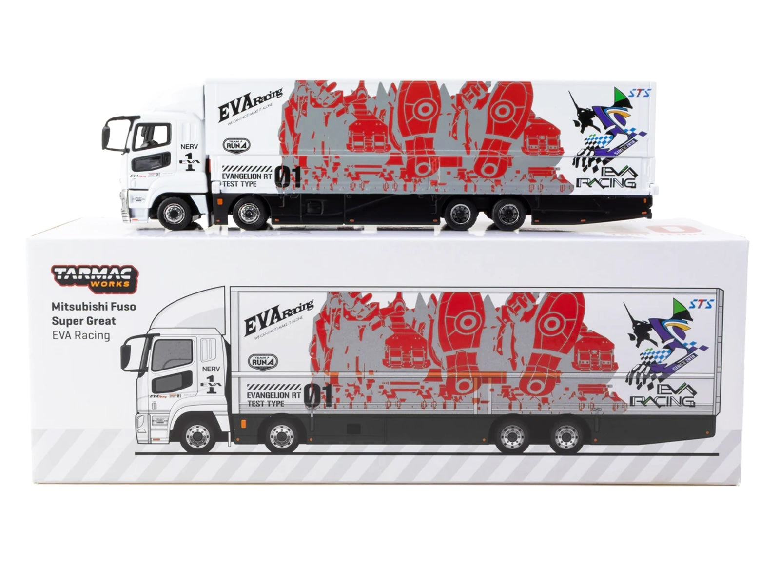 Mitsubishi Fuso Super Great Truck with Transporter "EVA Racing" White with Graphics "Truck64" Series 1/64 Diecast Model Car by Tarmac Works - image 4