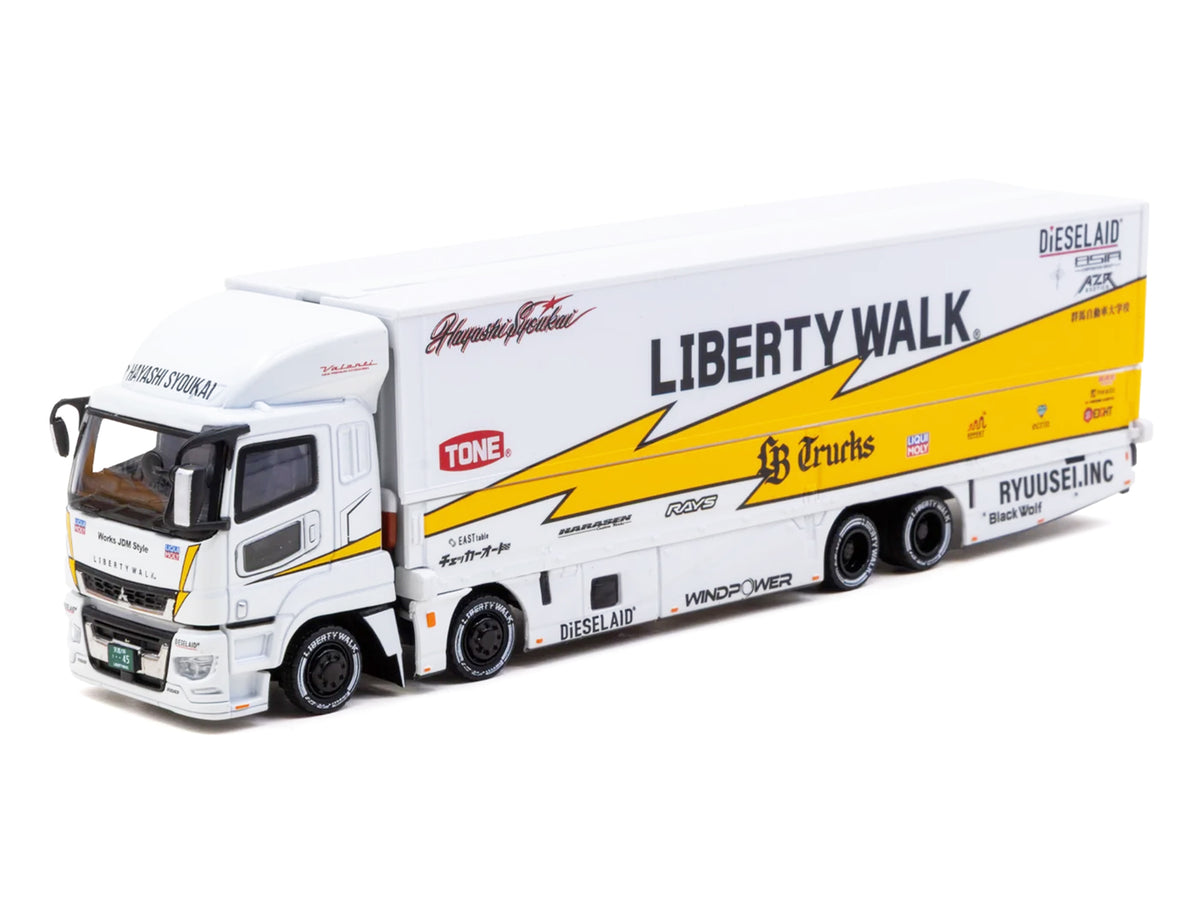 Mitsubishi Fuso Super Great Truck RHD (Right Hand Drive) with Transporter "Liberty Walk" White with Yellow Graphics "Truck64" Series 1/64 Diecast Model Car by Tarmac Works - image 2