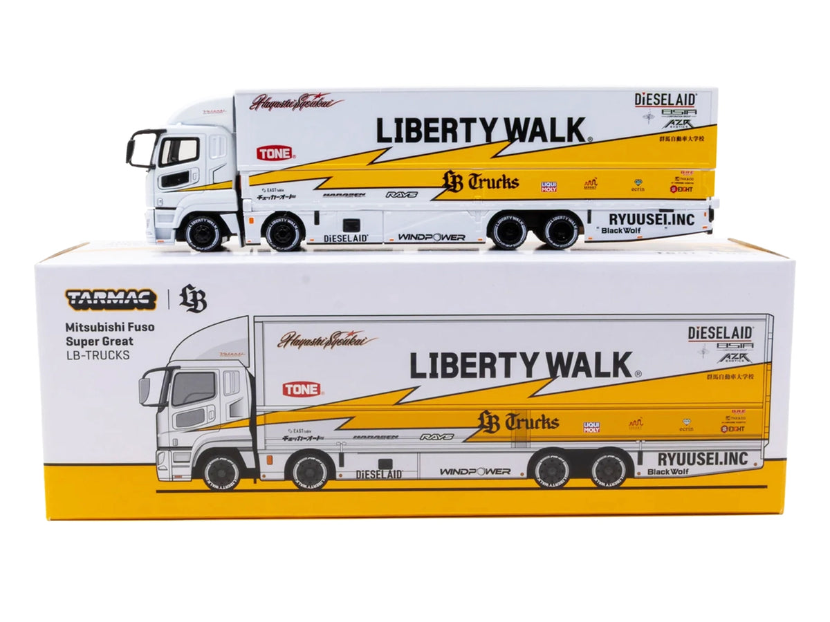 Mitsubishi Fuso Super Great Truck RHD (Right Hand Drive) with Transporter "Liberty Walk" White with Yellow Graphics "Truck64" Series 1/64 Diecast Model Car by Tarmac Works - image 4