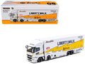 Mitsubishi Fuso Super Great Truck RHD (Right Hand Drive) with Transporter "Liberty Walk" White with Yellow Graphics "Truck64" Series 1/64 Diecast Model Car by Tarmac Works