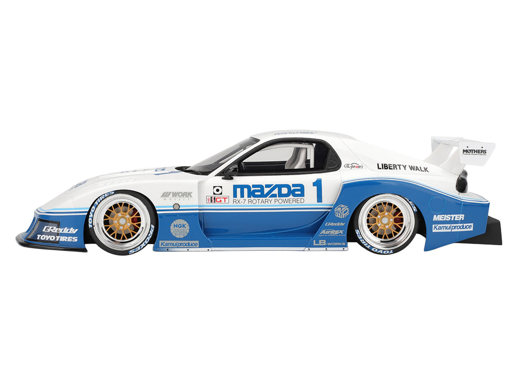 Mazda RX-7 LB-Super Silhouette RHD (Right Hand Drive) #1 Jeremy Barnes - Pete Halsmer "IMSA" White and Blue 1/18 Model Car by Top Speed