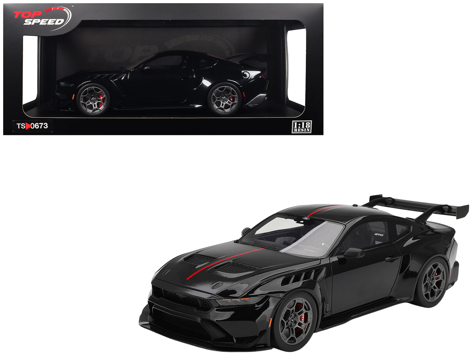 Ford Mustang GTD Shadow Black with Red Stripe 1/18 Model Car by Top Speed