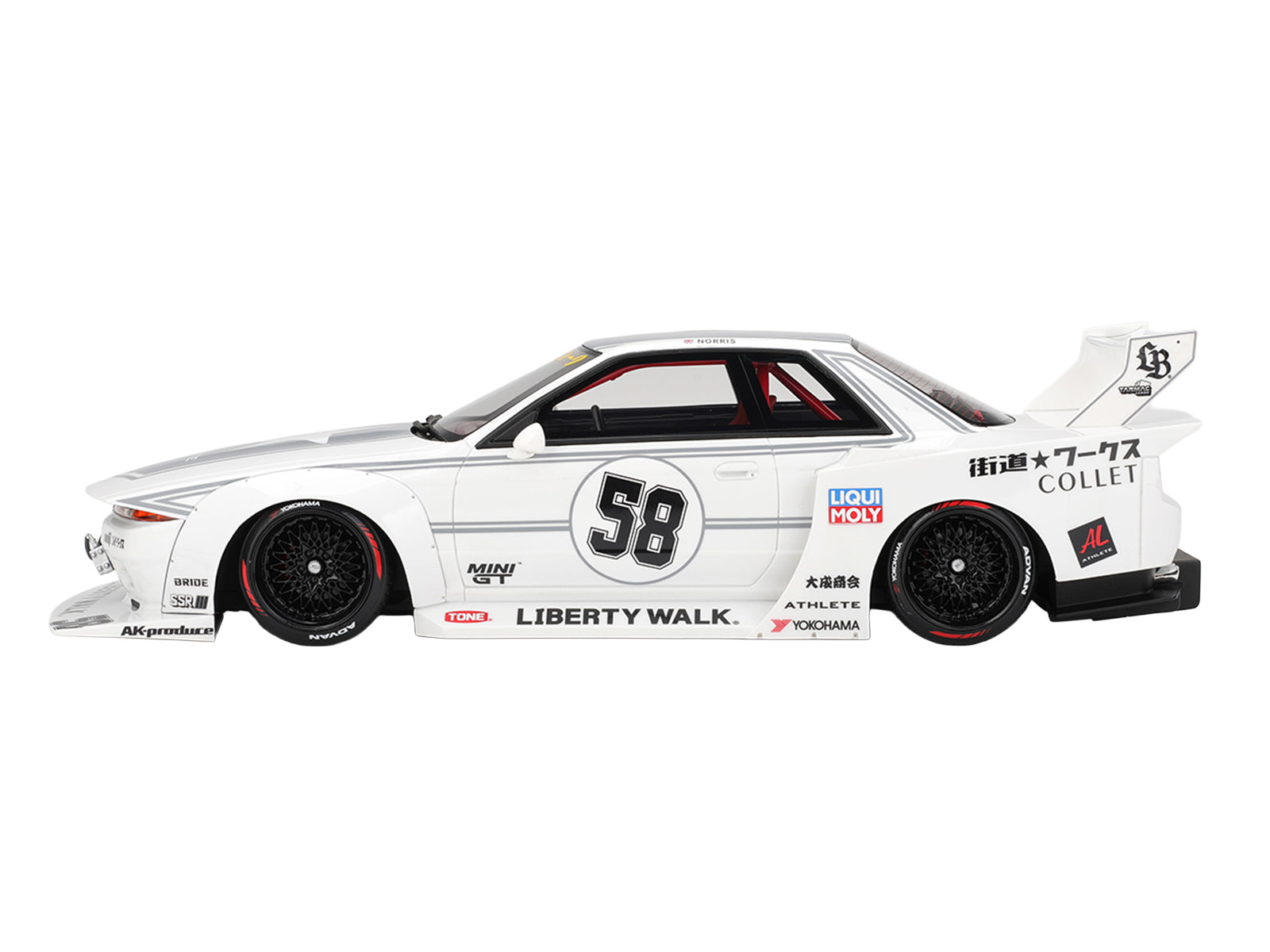 Nissan Skyline GT-R (R32) RHD (Right Hand Drive) #58 "LBWK - Kaido Works" White with Gray Stripes and Graphics "Tokyo Auto Salon (TAS) 2025" 1/18 Model Car by Top Speed