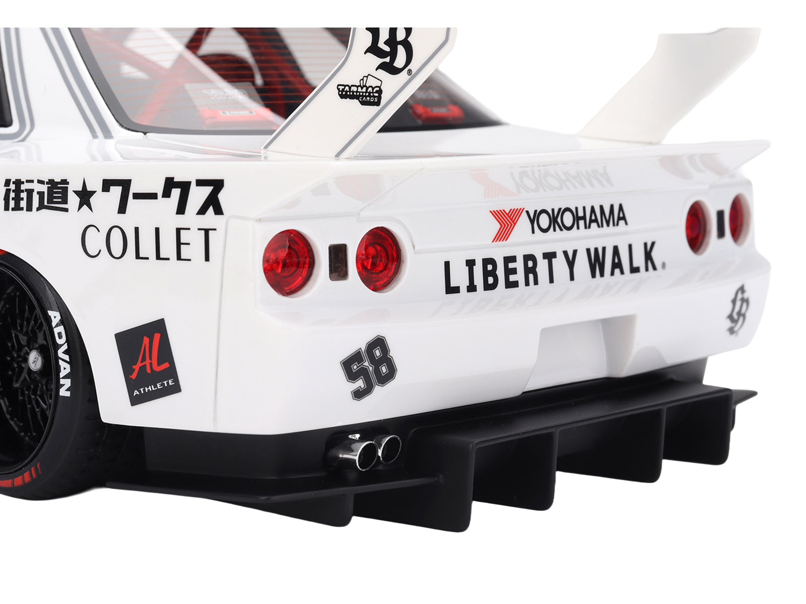 Nissan Skyline GT-R (R32) RHD (Right Hand Drive) #58 "LBWK - Kaido Works" White with Gray Stripes and Graphics "Tokyo Auto Salon (TAS) 2025" 1/18 Model Car by Top Speed
